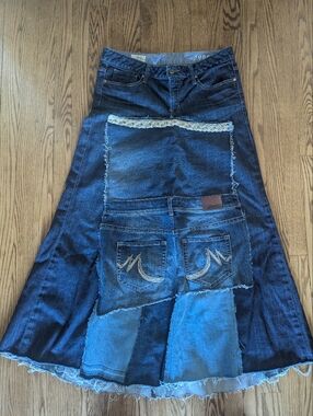 Denim Patchwork Maxi Skirt with Embellished Pockets, Sz 12